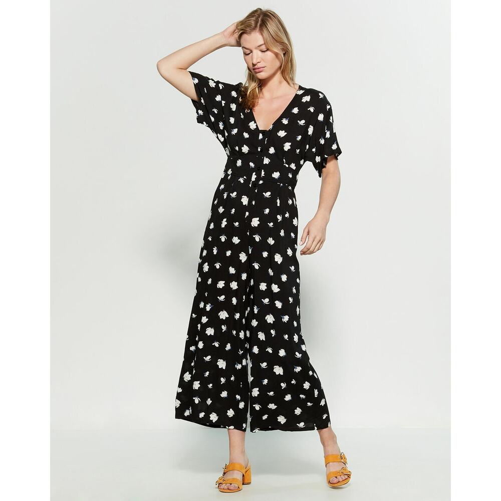 Lush Black Floral Jumpsuit with White Print
